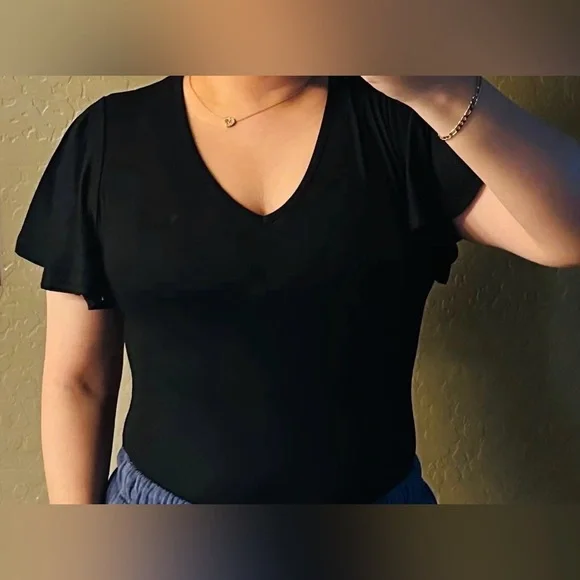 Mangopop XL black V-Neck Bodysuit Flutter Sleeves Stretch - Picture 8 of 9